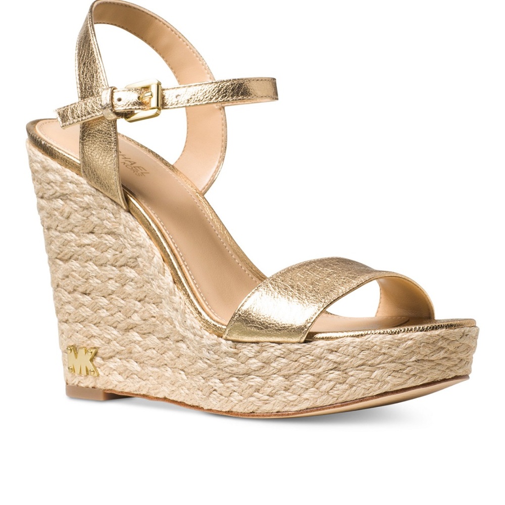 Michael Kors Jill Leather Wedge Gold Sandals Size 8